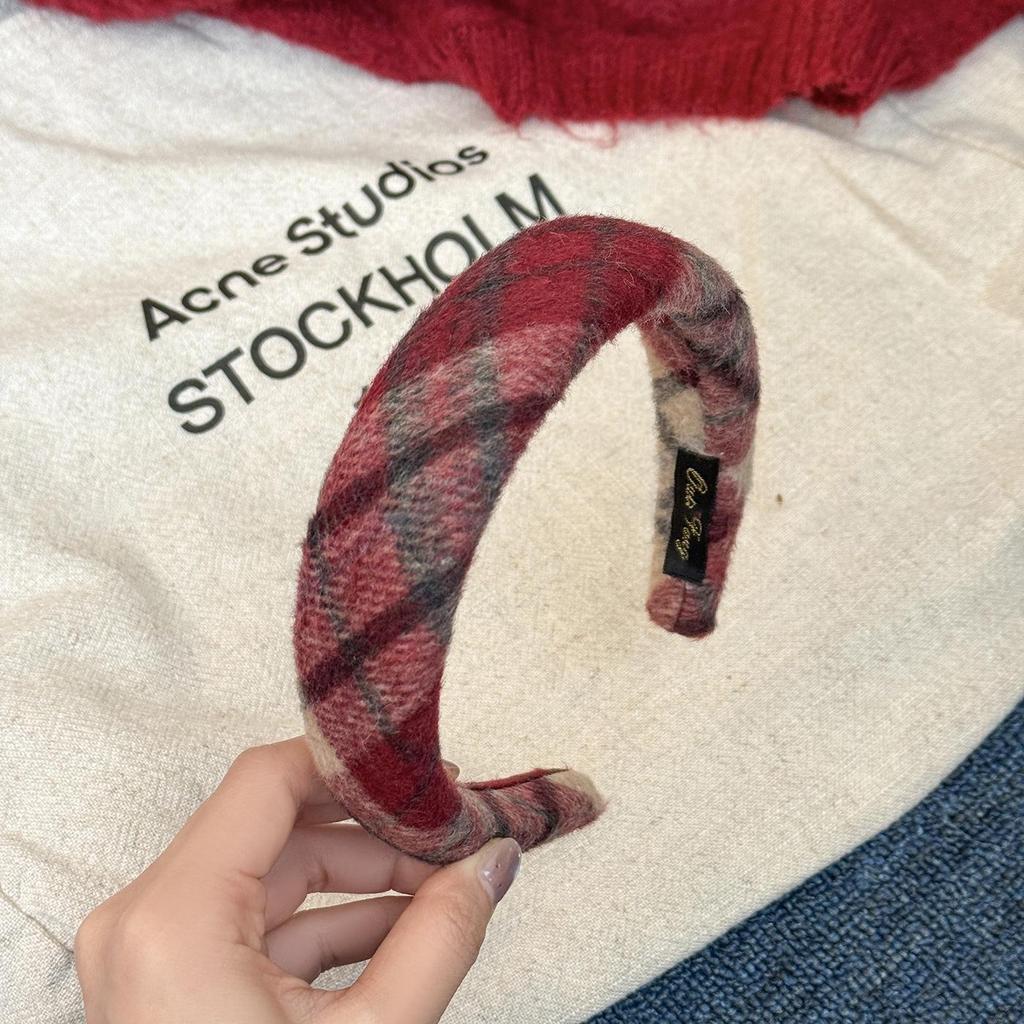 Women's Red Plaid Wool Wide-Brimmed Headband - Perfect for Christmas & New Year Outings