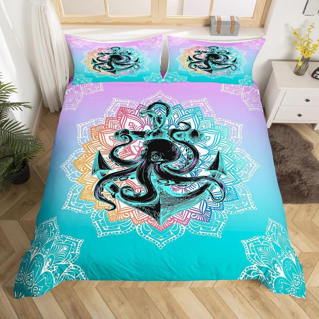 Starfish Duvet Cover, Boho Mandala Flower Bedding Set for Boys Girls,Ocean Animal Comforter Cover, Exotic Geometric Quilt Cover