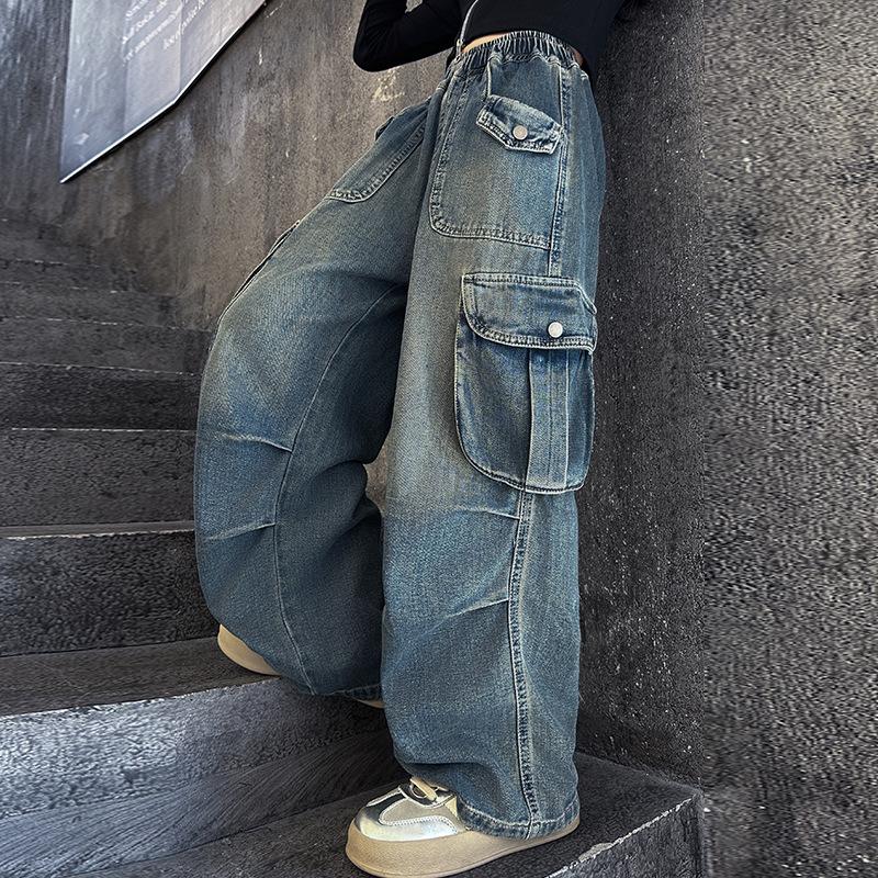 Teenage Girls Jeans with Big Pocket Four Seasons High Waist Fashion Blue Cargo Denim Pants Sale Wide Leg Trousers
