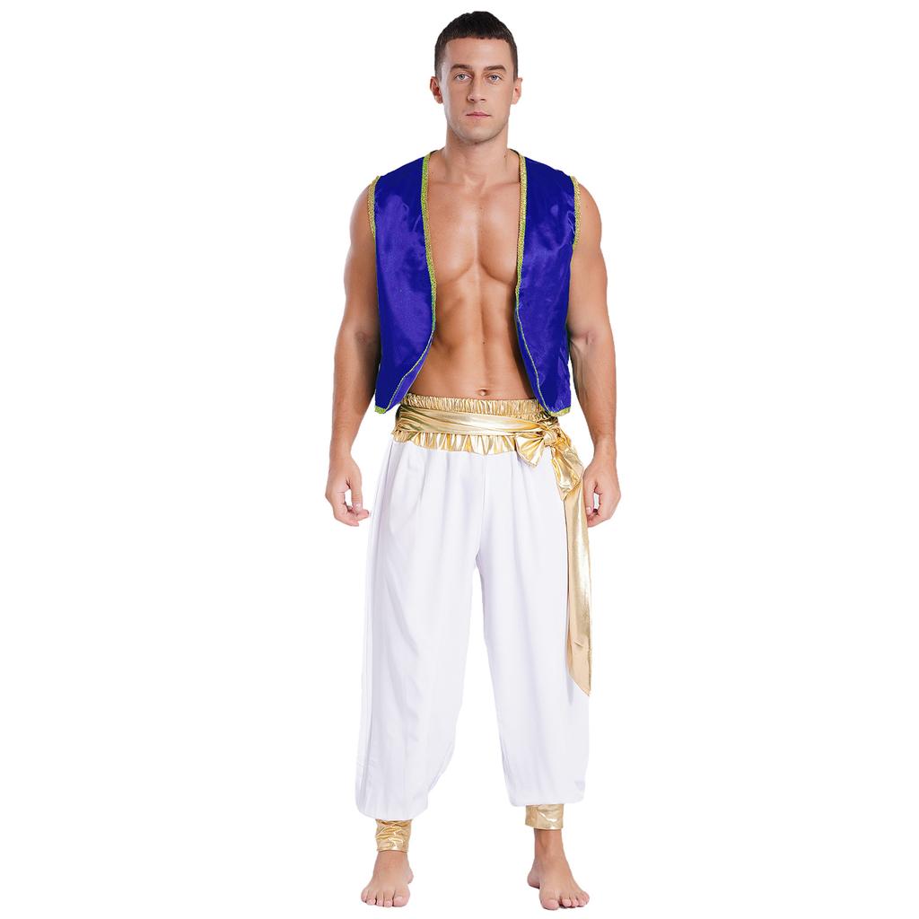 Mens Arabian Prince Costume Set Sleeveless Braided Trimming Open Front Waistcoat Elastic Waistband Patchwork Pants