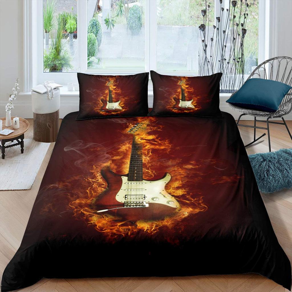 Electric Guitar King Queen Duvet Cover Stringed Instrument Bedding Set Musical Note Quilt Cover Hippie Polyester Comforter Cover