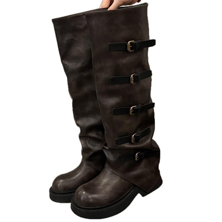 Maillard But Knee Boots Women's 2025 New Autumn Retro Stacking Pants Tube Boots Thick Heel Tall Knight Boots