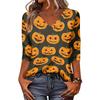 Women's Halloween Tops V-Neck Three-Quarter Sleeve Blouse Casual Tunic Shirt with Fun Pumpkin Print for