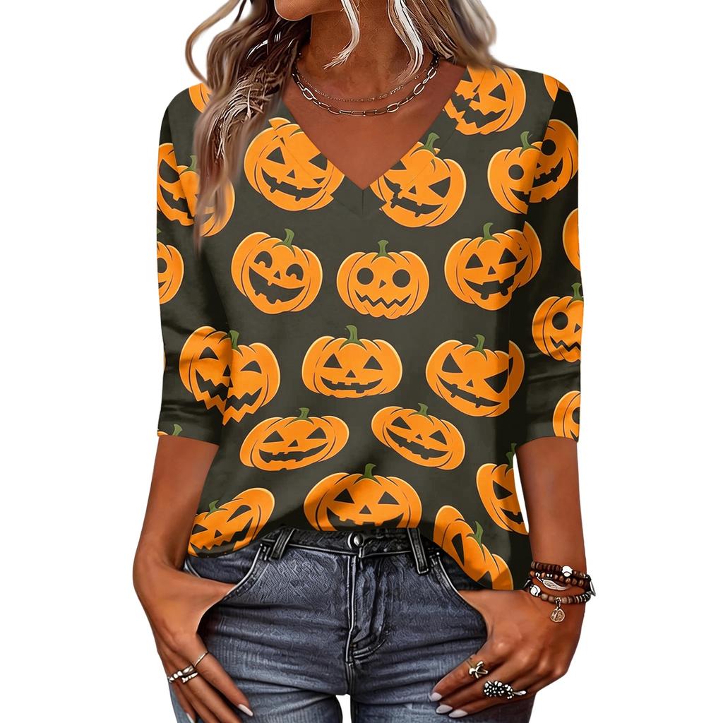 Women's Halloween Tops V-Neck Three-Quarter Sleeve Blouse Casual Tunic Shirt with Fun Pumpkin Print for