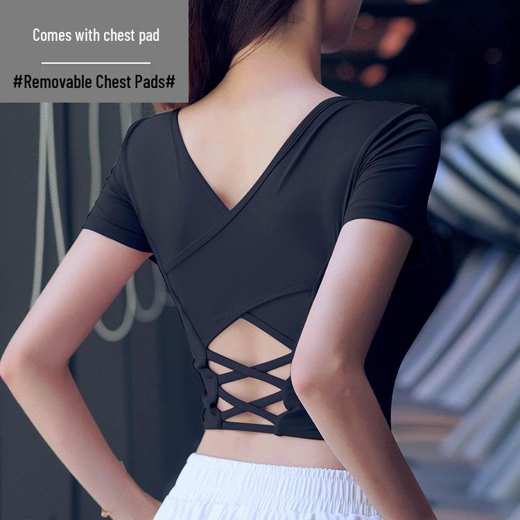 

Женская быстросохнущая кроп-топ футболка с перекрещенной спиной без спины и с нагрудными вкладышами для сексуального фитнеса и йоги XL (recommended 65-72.5 kg) чёрный