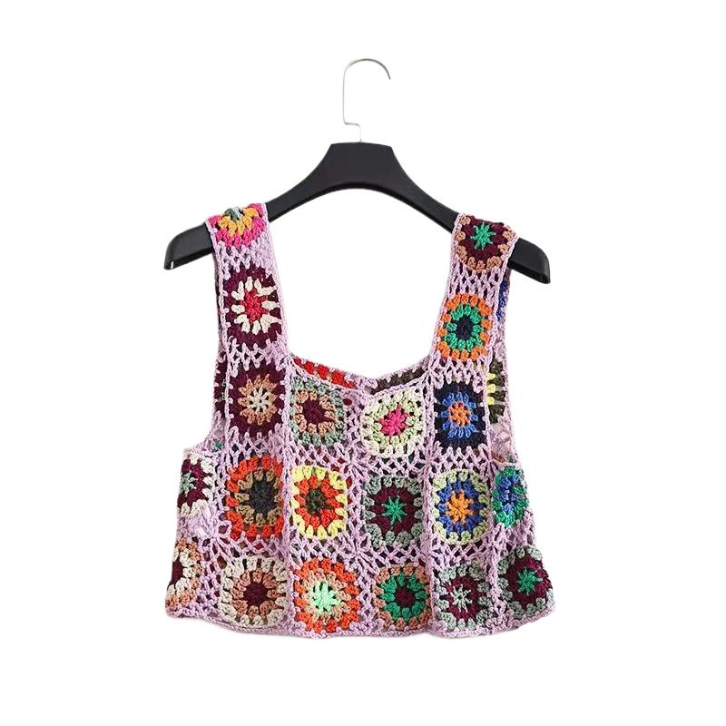 

Женские прозрачные укороченные топы без рукавов с квадратным вырезом и цветочным принтом, связанные крючком L светло-фиолетовый