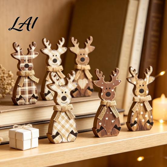 Rustic Christmas Table Decor Wooden Tabletop Decor Reindeer Animal Figurines Farmhouse Style Holiday Window Display Ornaments Tiered Tray Ornaments,