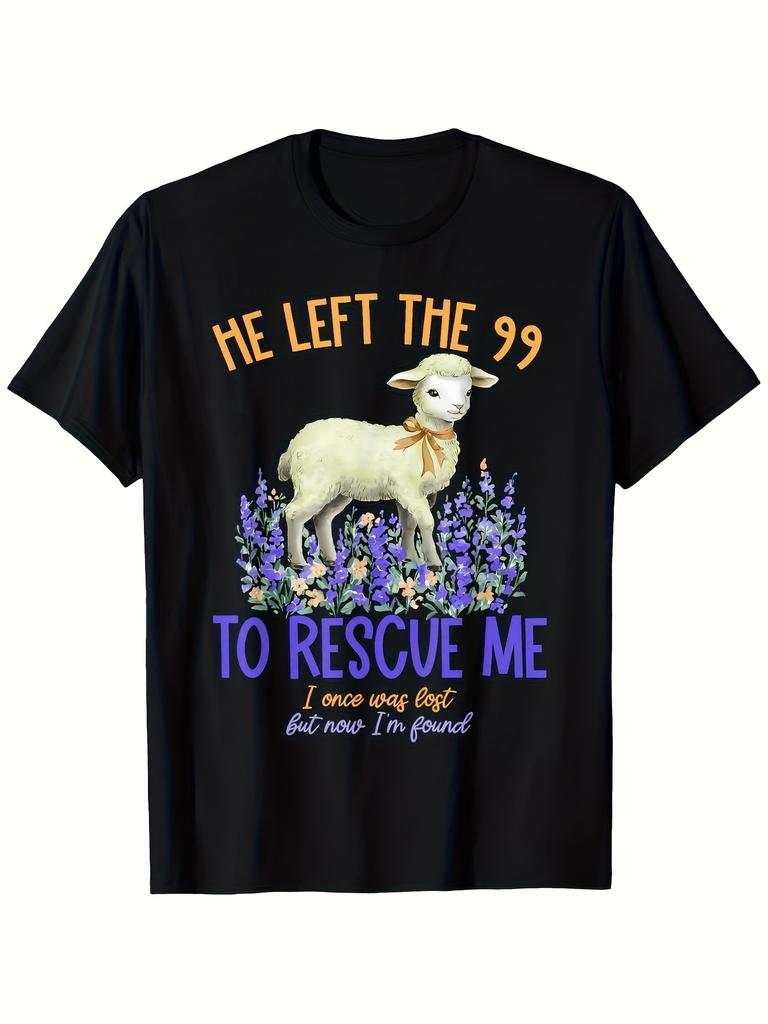 Men's Funny Bible Verse TShirt He Left the 99 To Rescue Me Lamb & Flowers Design Soft Retro Black with DoubleNeedle Stitched Neckline Drop Shoulder &