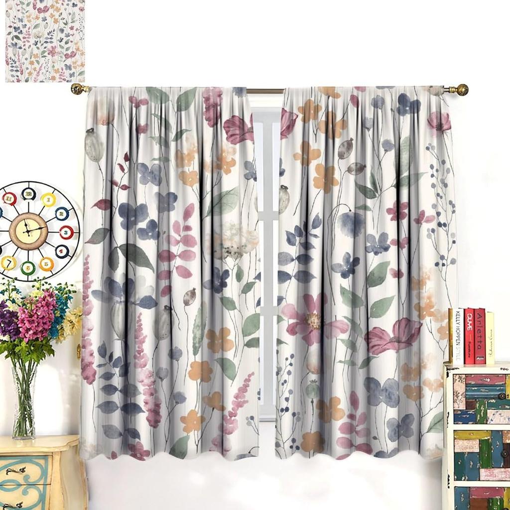 Floral Curta,Farmhouse Colorful Watercolor Wildflower Spring Flower Plant Botanical Pattern Decor Print Window Drapes For