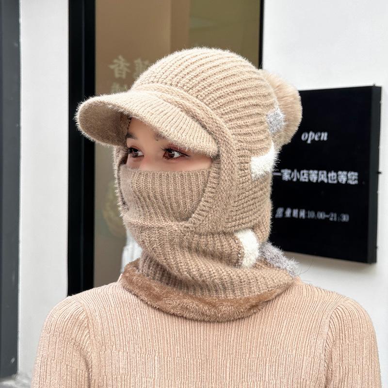 Winter outdoor thermal pullover hat children fleece ear protectors knitted wool hat riding face mask scarf integrated