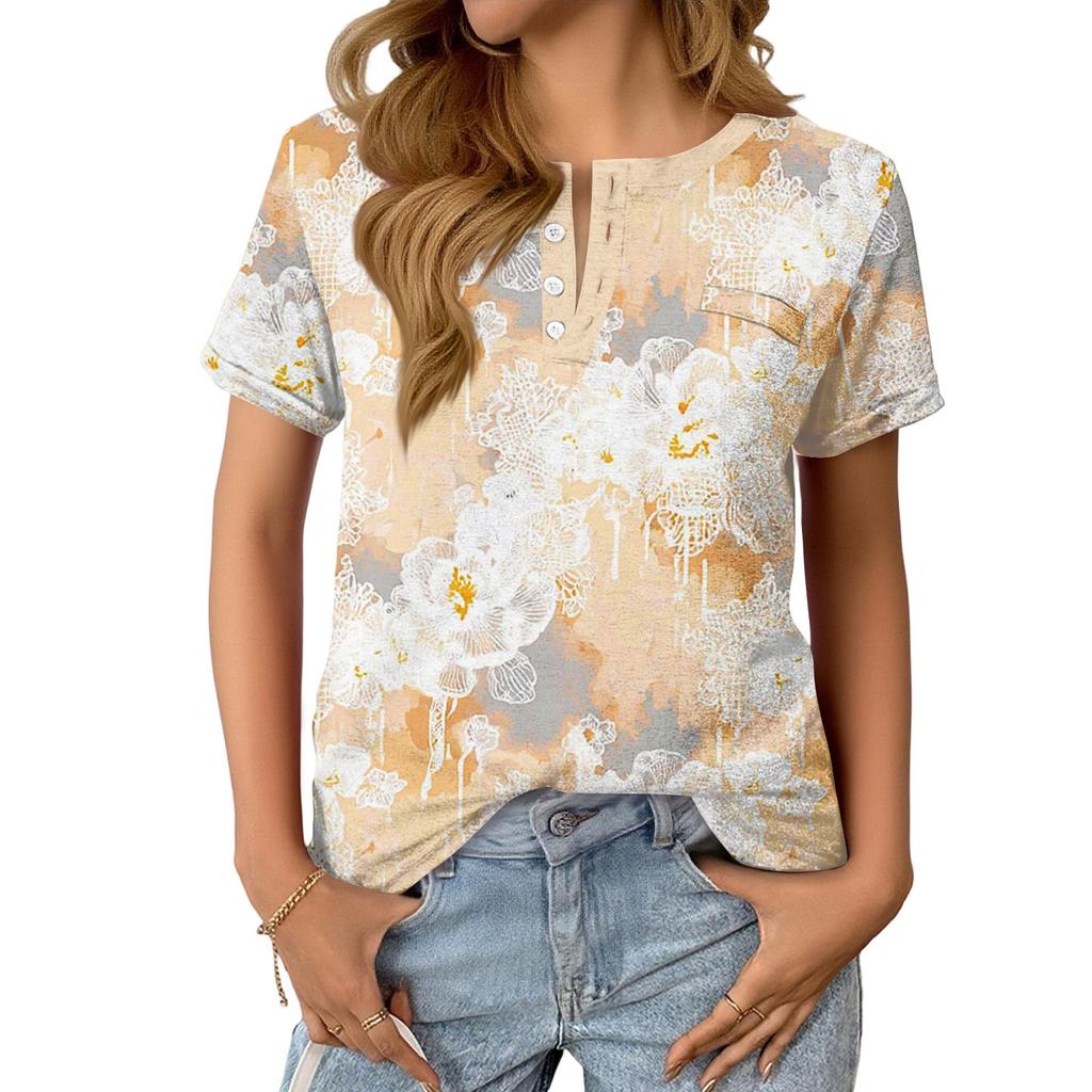 Women's Fashionable Casual Summer Floral Print V-neck Button Short-sleeved Top
