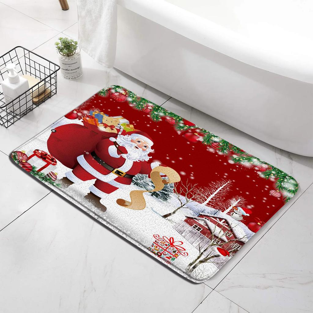 Red Christmas Shower Curtain Set Funny Santa Claus Gift Green Pine Branches Xmas Balls Home Bathroom Decor Bath Mat Toilet Cover