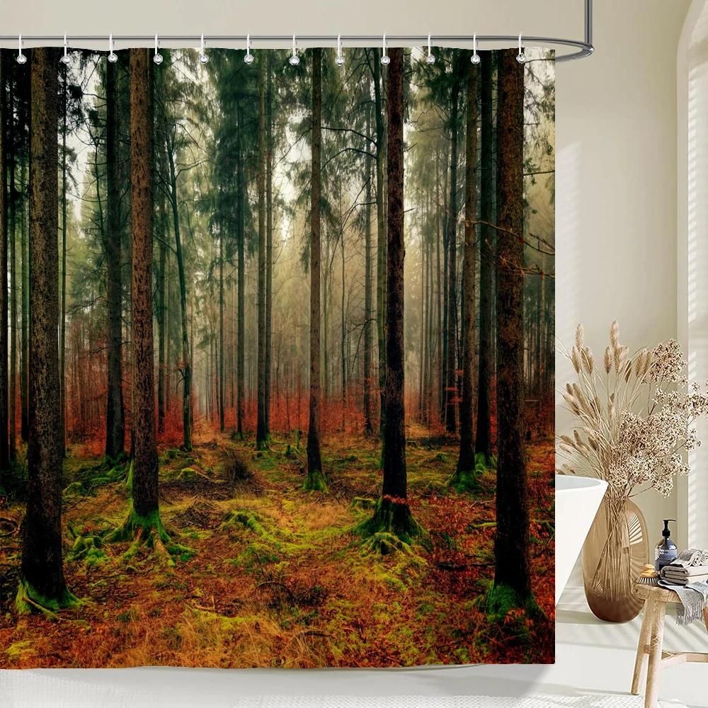 

Birch Forest Trees Shower Curtain Natural Landscape Prints Fabric Waterproof Polyester Bathroom Curtains Decoration with Hooks W90xH180cm