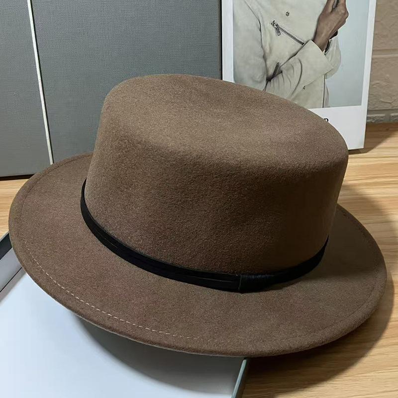 French Autumn and Winter New Retro Wool Flat Top Top Hat Women's Outdoor Warm Big Brim Versatile Face Small Felt Hat