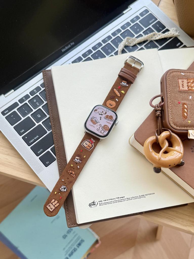 Cartoon Embroidered Denim Leather Watch Strap for Apple Watch Series 11/10/98 Ultra SE