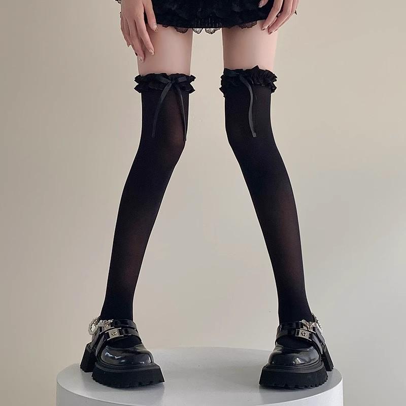 Damen Sexy Spitze Oberschenkelhohe Socken Mädchen Süße Niedliche Socken Japanische Lolita Jk Knielange Lange Socken Schwarz Weiß Schleifenband Strümpfe One Size black