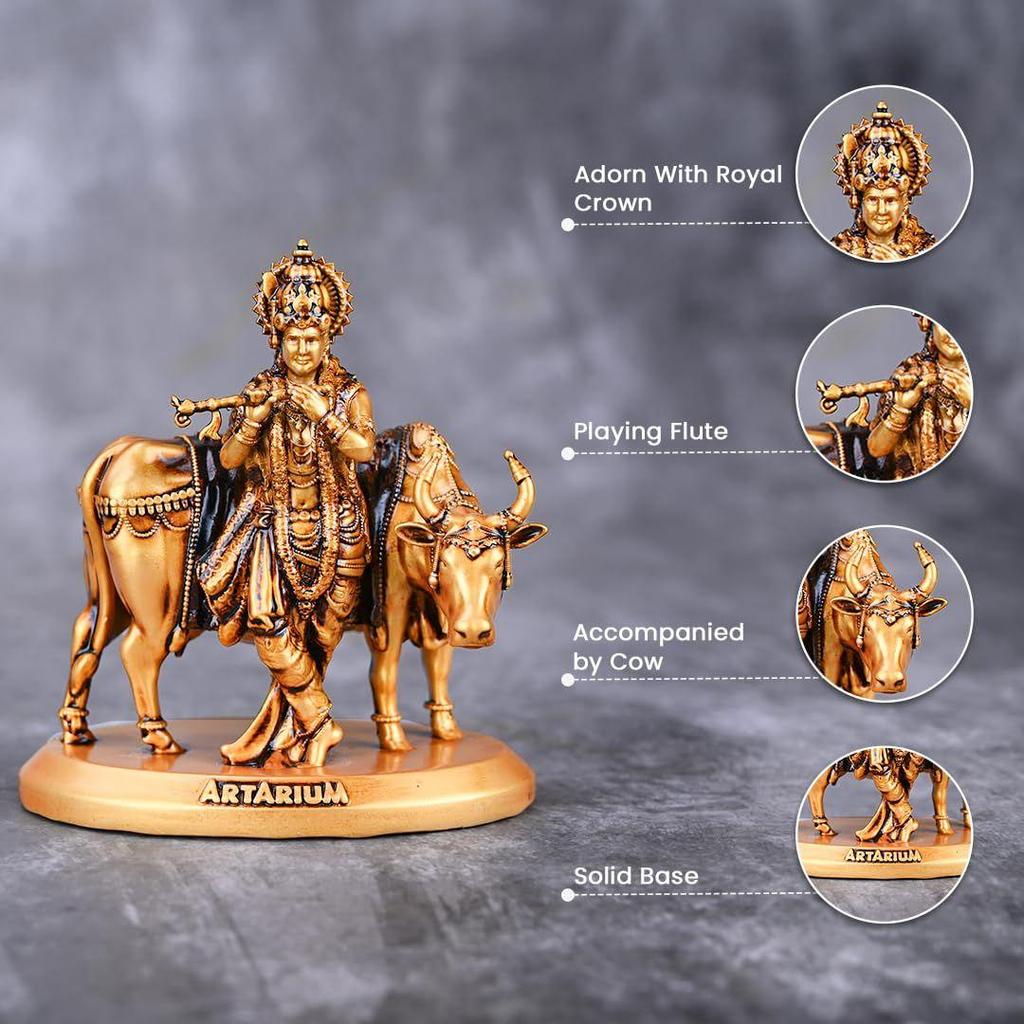 Handcrafted Krishna with Cow Murti Idol Statue Janmashtami Showpiece for Car Dashboard Home Decor Office and Table Decorative