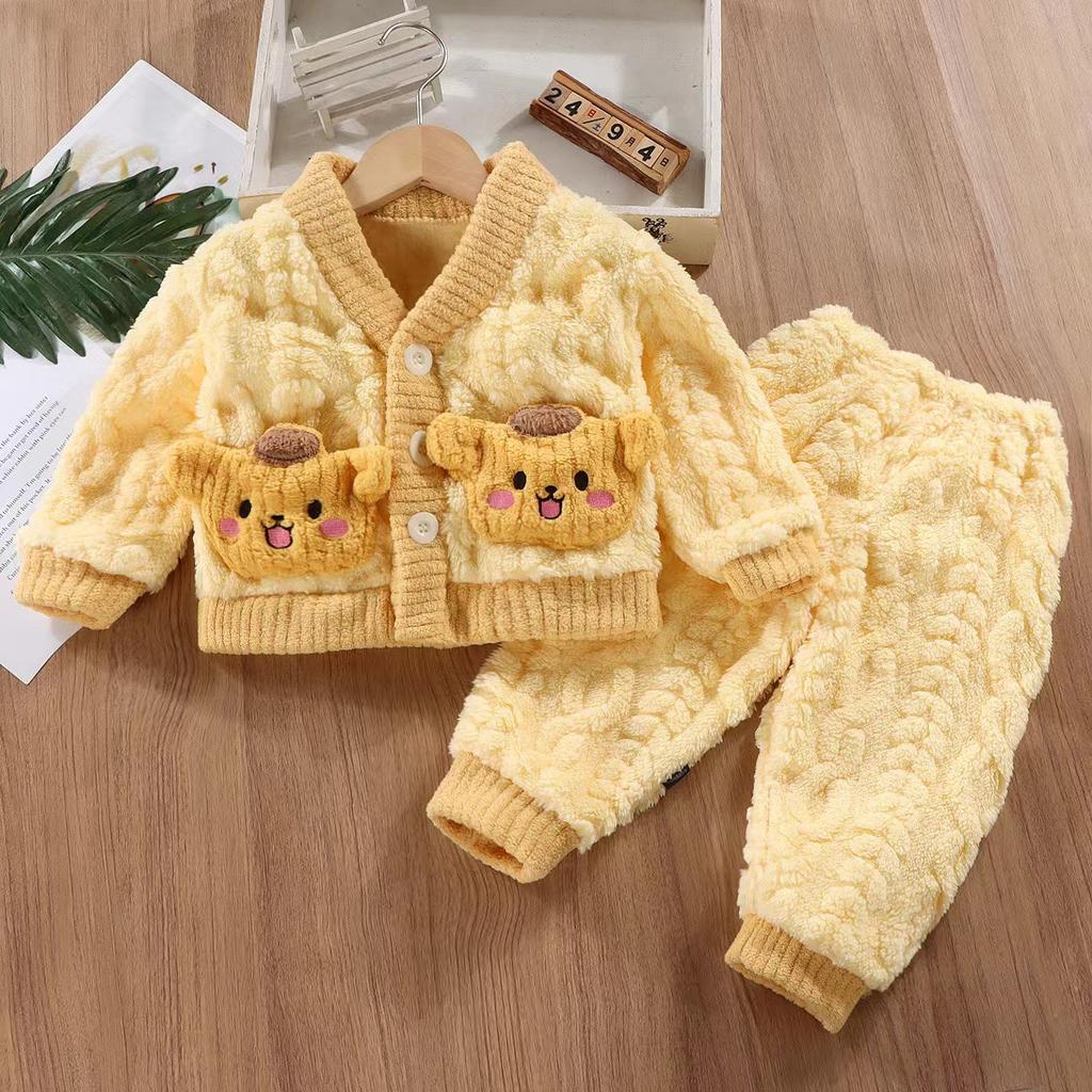 Verdicktes Korallenfleece Pyjama-Set Kinder Flanell Nachtwäsche Unisex Herbst Winter Warme Hauskleidung Weiches Plüsch Kinder Outfit