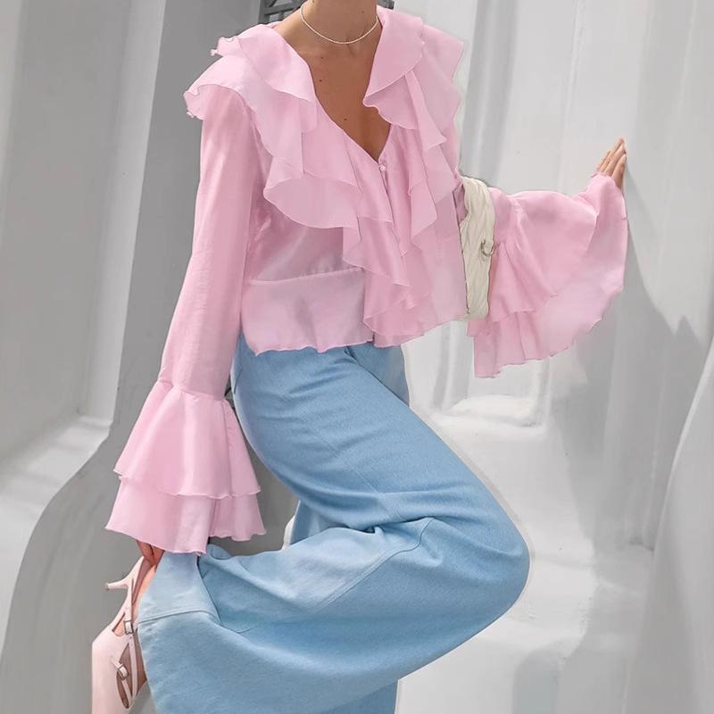 French Court Chiffon Ruffle Top Women's 1116 Spring and Summer Design Pink V-neck Horn Sleeve Shirt