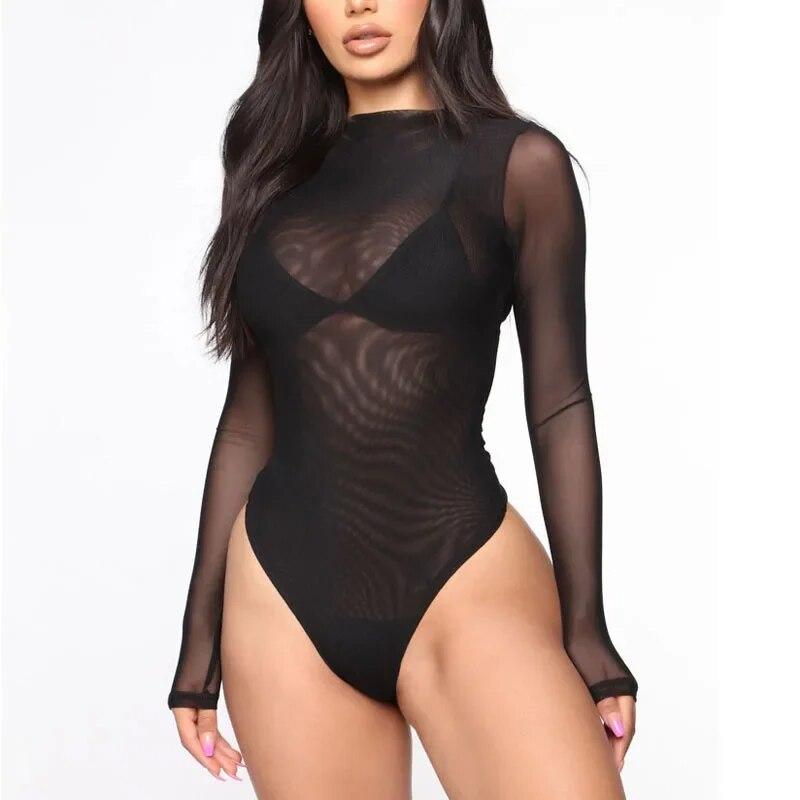 Women Sexy Long Sleeve Jumpsuits See-Through Mesh Lace Lingerie Solid Color   Fashion Women Turtleneck Bodysuit