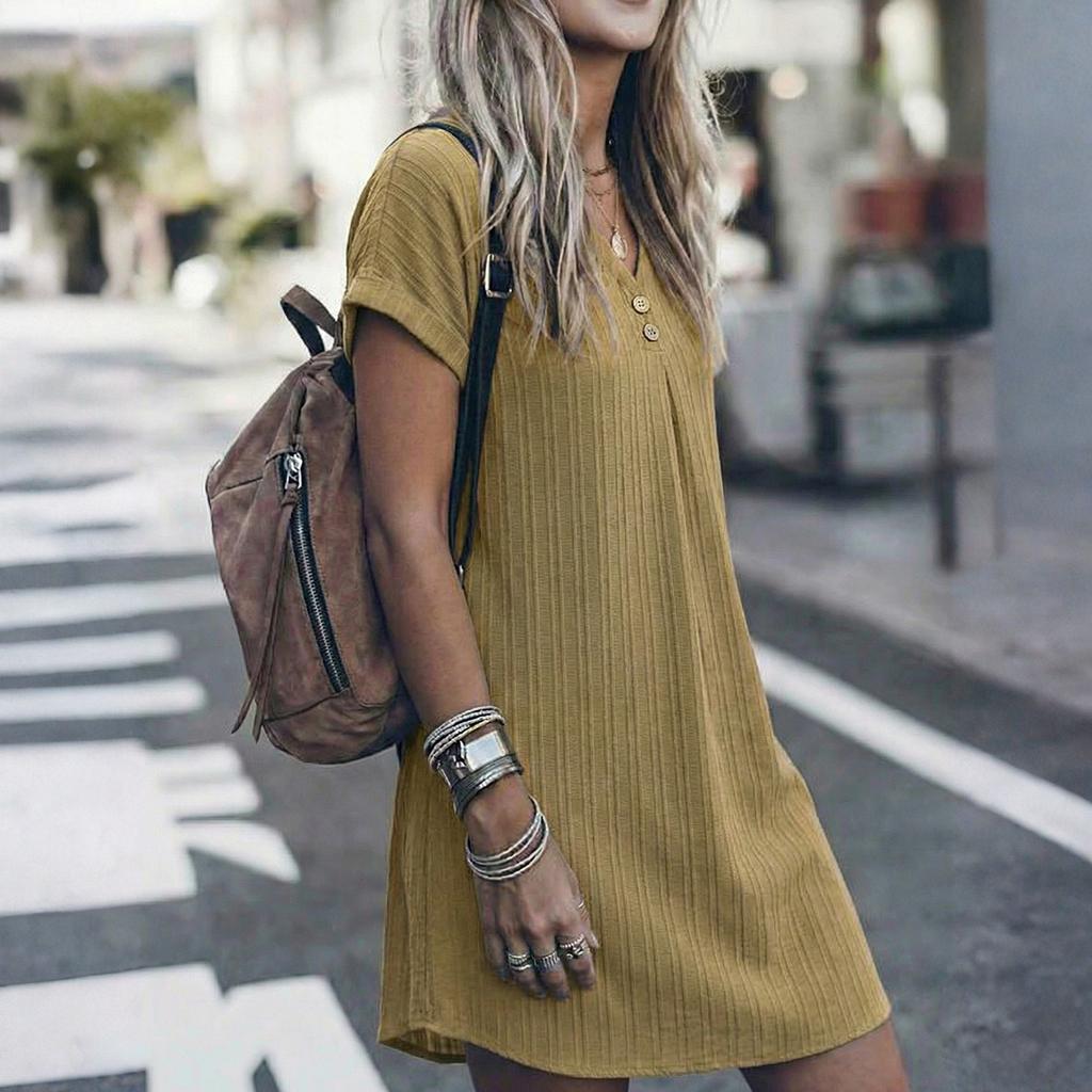 Women's Striped Shirt Dress Short Sleeve Button Front Casual Loose Fit Dress