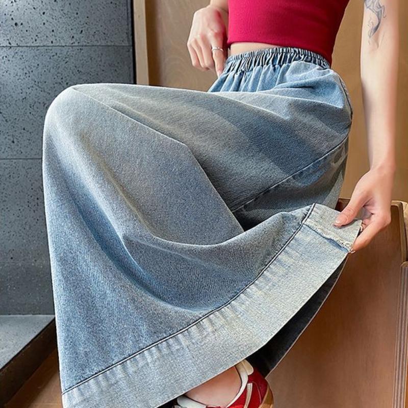 Women's Plus Size Retro Straight Leg Denim Jeans Summer Indus Pants Plus Size Elastic Waist Slimming Loose Wide Leg Skort