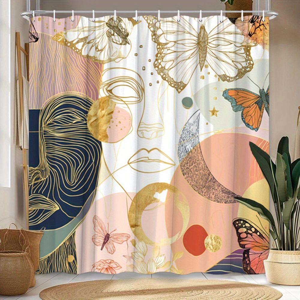 Eleganter Abstraktes Gesicht & Schmetterling Druck Wasserdichter Duschvorhang, Gold & Pastell Design High-End Toilettenabtrennungsvorhang