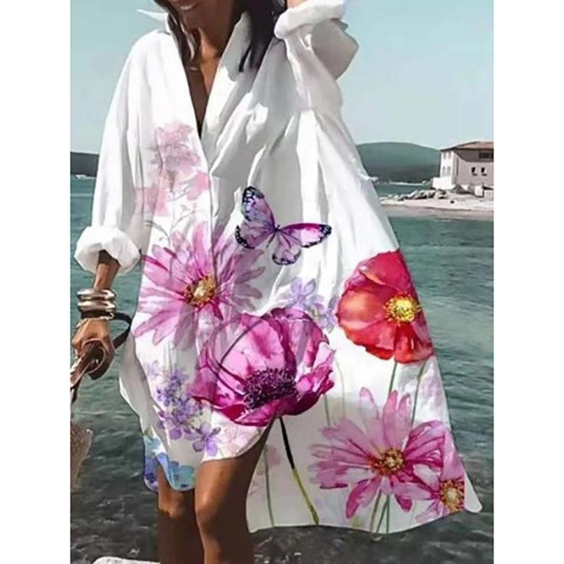 Fashion Autumn Dress Leisure Grace Printed Lapel Long Women s Dress Elegant Classy Style All Season Material XXXXL