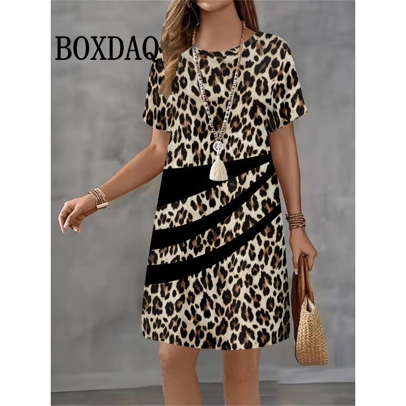 Summer Women's Striped 3D Print Short-sleeve Crew Neck Dress