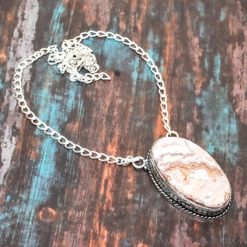 Laguna Lace Agate Gemstone Handmade Solid  925 Sterling Silver Jewelry Necklace