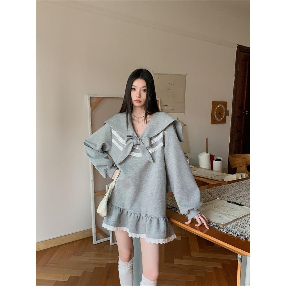 Sweet Preppy Style Mini Dress Female Clothing Fashion Lace Spliced Spring Autumn Sailor Collar Bandage Bow Basic Ruffles Dresses