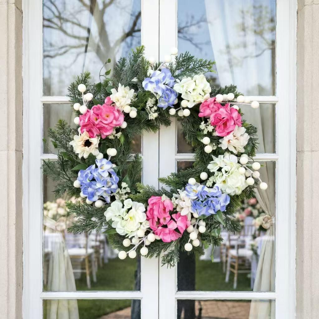Spring Wreath with White Berry & Rose Flowers for Home & Front Door Decor