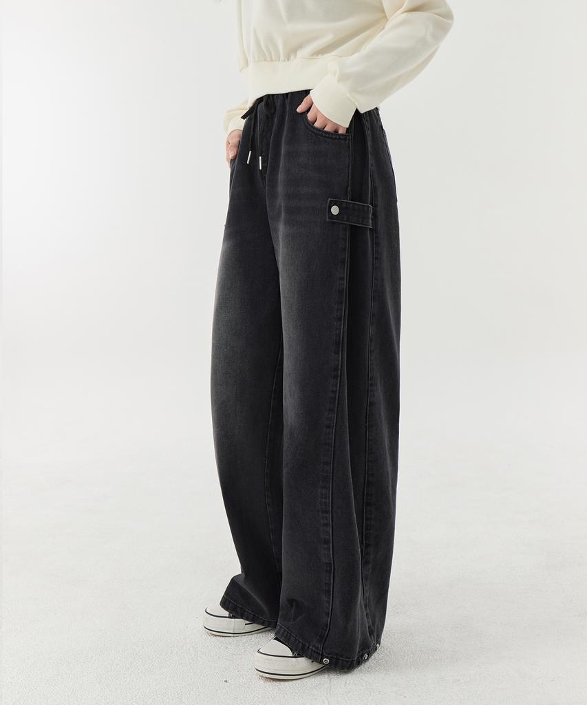 Akeusi Multi Side Strap Elastic Wide Denim Pants Unisex (Black)