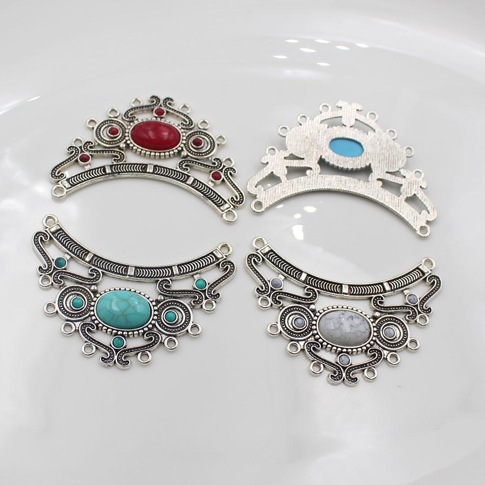Vendita diretta di 2 pezzi 48*64MM Connettori per collane con pietre preziose a motivo retrò DIY, accessori per gioielli in lega, connettori multipli per appendere