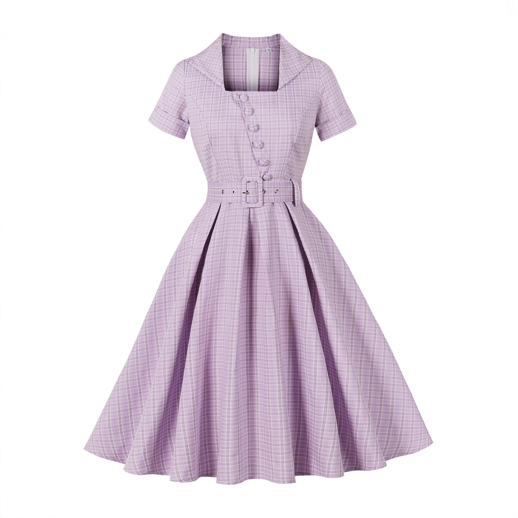 50s Retro Plaid Short Sleeve Hepburn Style Midi Dress for Women XXL фиолетовый