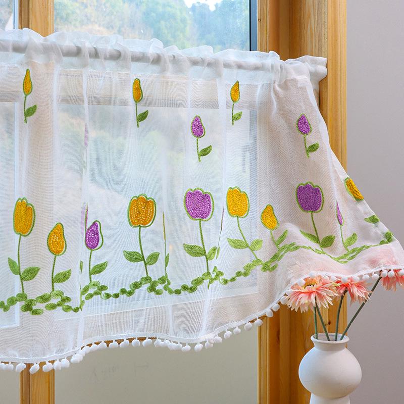 Double Layer High-End Embroidered Kitchen Cabinet Blackout Café Curtain