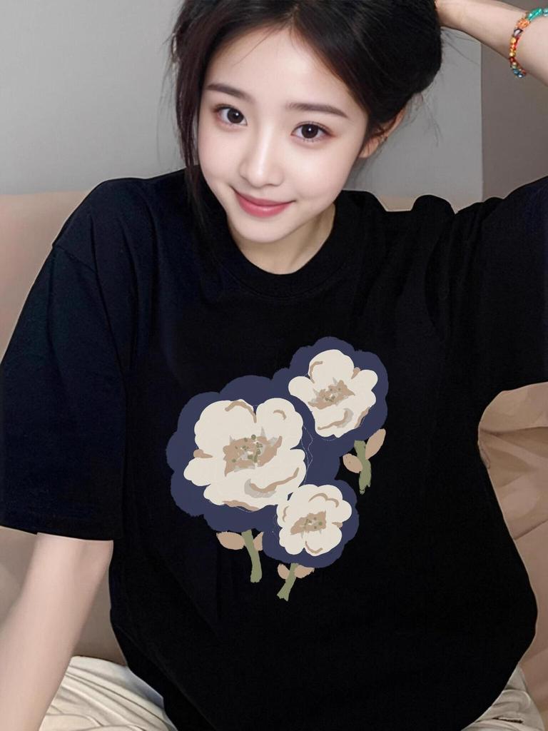 Plus Size Women's Pure Cotton White Short-Sleeved T-Shirt - New Stylish & Slimming Fit for Summer 2025