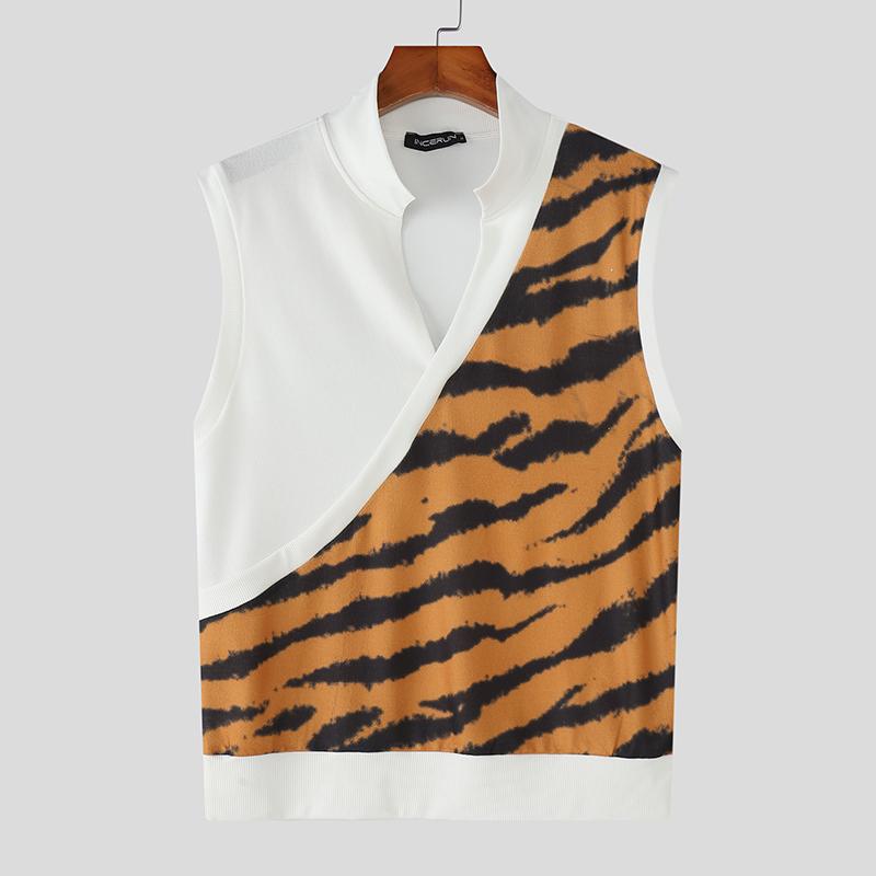 

INCERUN Summer Men V Neck Sleeveless Stitching Striped Print Casual Tank Tops 2XL белый