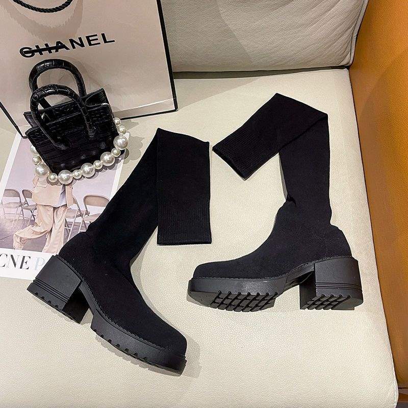 Women's Knee Boots 2025 Spring and Autumn Internet Celebrity Knitted Elastic Socks Boots Women's Thick Heel High Heel Long Tube Thin Boots