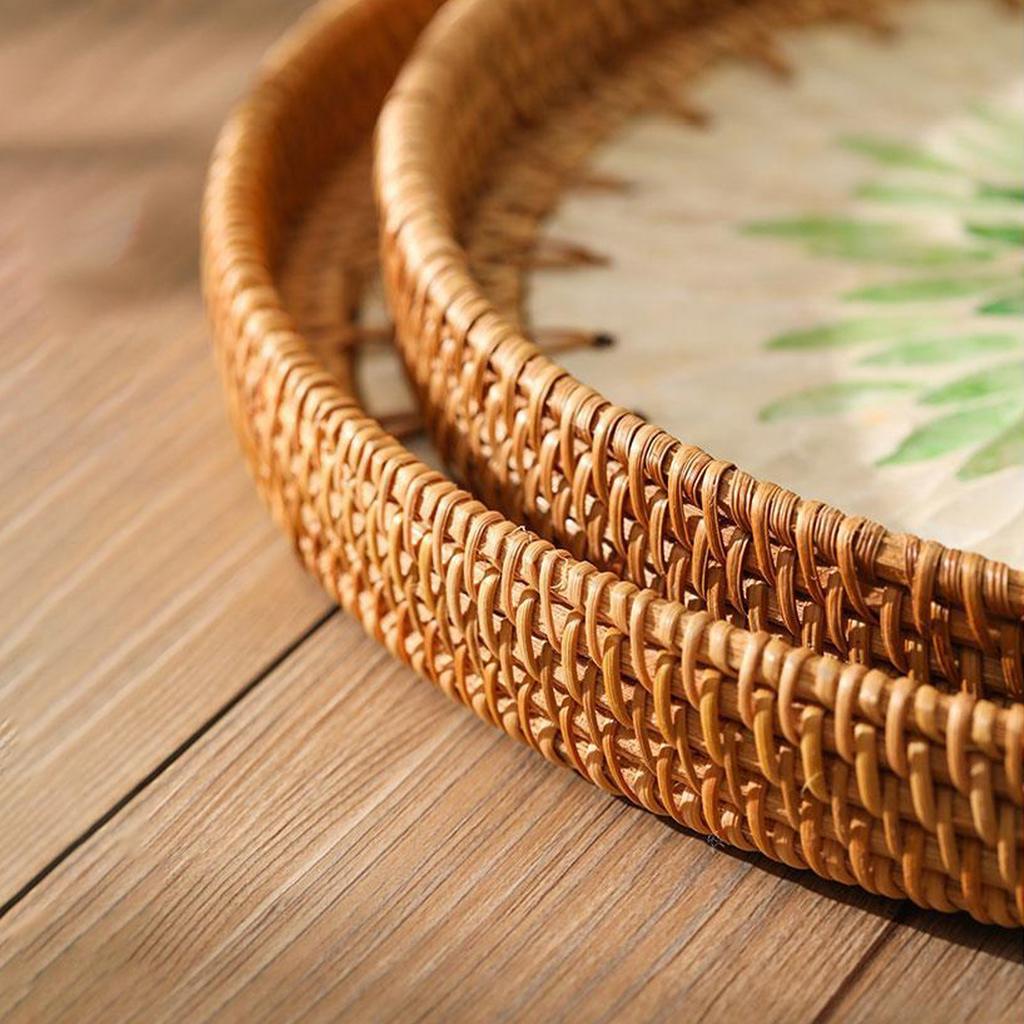 2pcs Handmade Rattan Tray Colorful Shell Fruit Plate Household Coffee Table Storage Tray Bread Snack Plate for Living