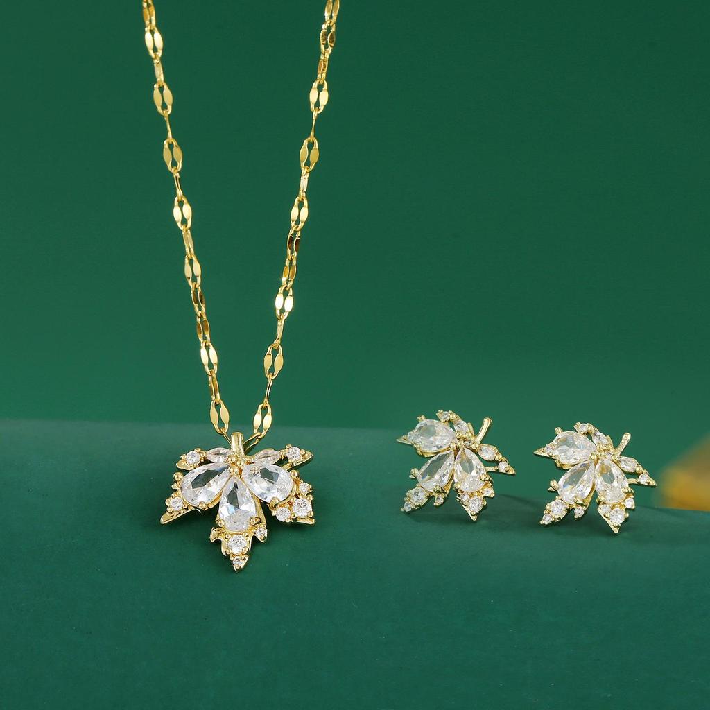 Titanium Steel Maple Leaf Necklace & Earring Set for Women - Versatile Light Luxury Clavicle Chain Jewelry