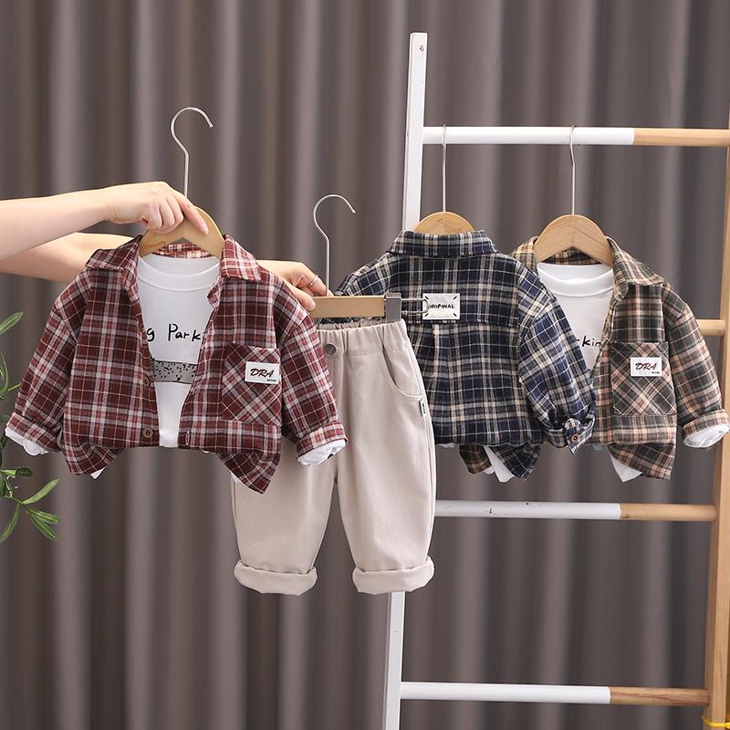 Boys' Long Sleeved 3-piece Set, Children Aged 0-5 Years Old Checkered Jacket+white Printed T-shirt, Casual Pants