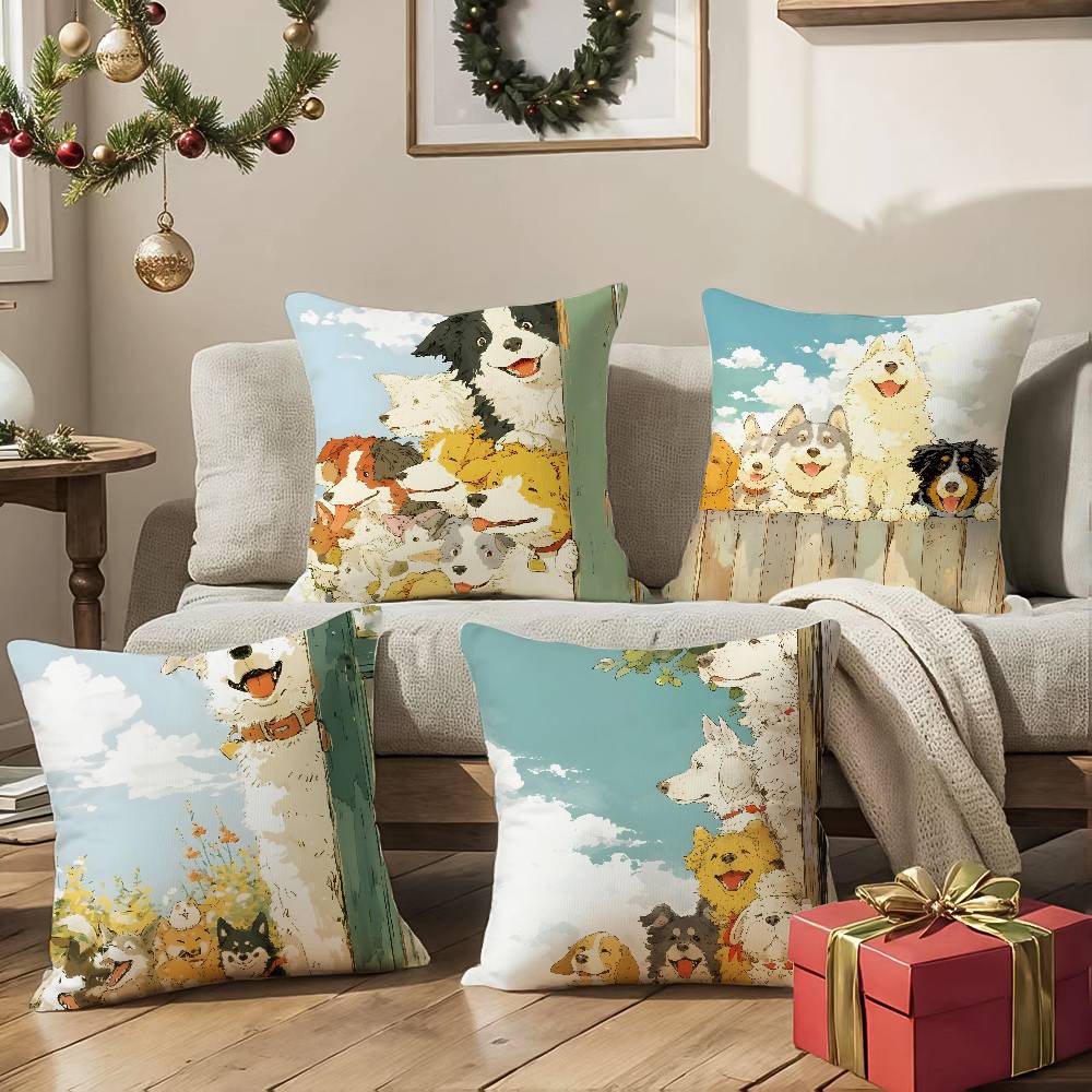 Niedliche Hunde Einladung Spiel Kissenbezug Komfort Sofa Bett Seidig elegant Verdeckter Reißverschluss Dekorative Kissenhülle