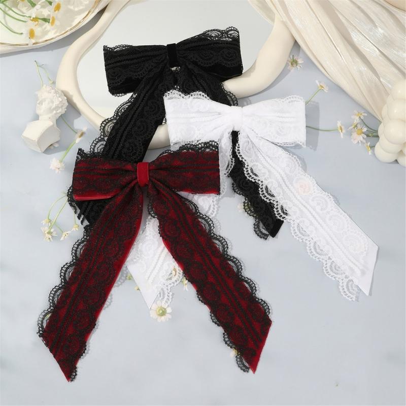 Sweet Cool Heart Lace Bowknot Hair Clip Handmade Silk Ribbon Comfortable Secure Barrettes For Women Black Red White