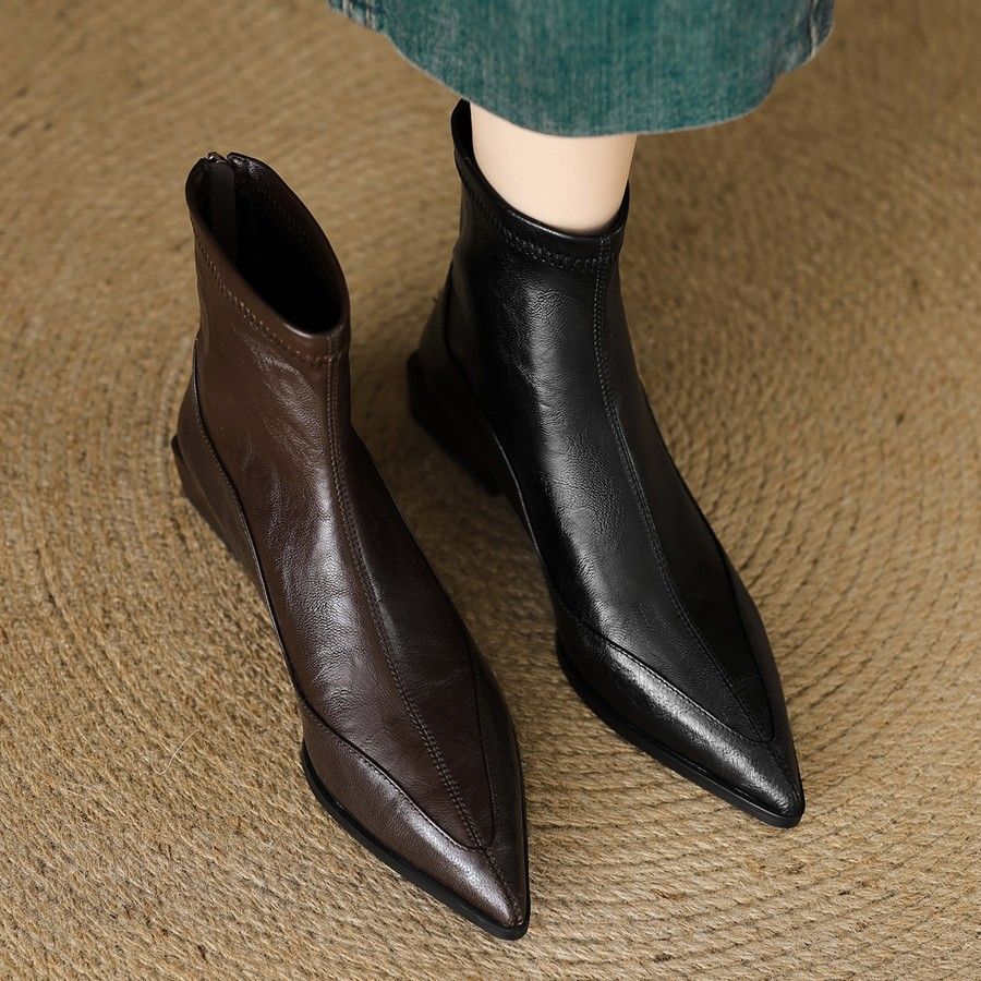 Design pointed fashion thin boots year casual single shoes commuting niche thick heel short boots