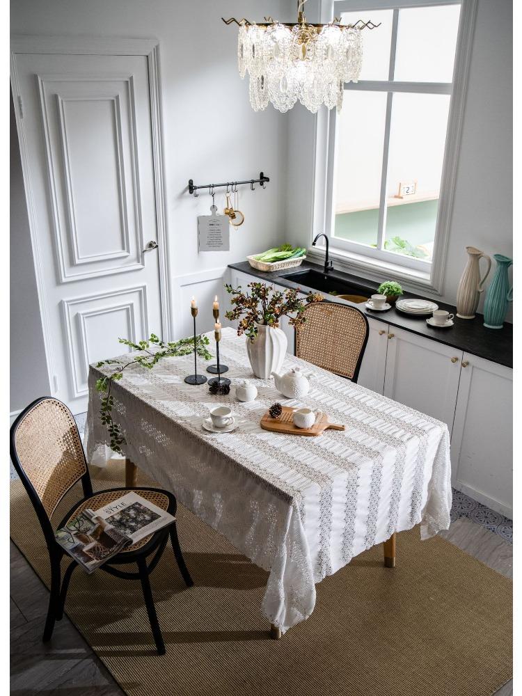 French Retro Jacquard Lace White Tablecloth Household Rectangular Coffee Table Dining Table Fabric Hollow