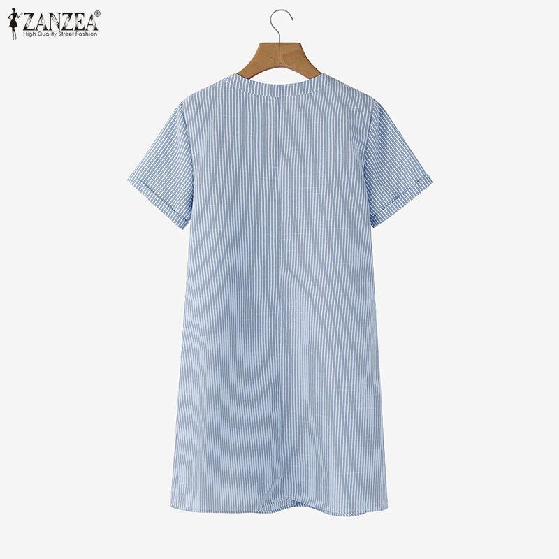 ZANZEA Vestido casual de verano para mujer con cuello redondo, manga corta y rayas