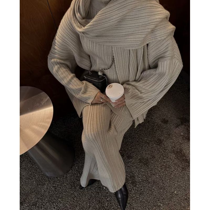 

Fashion Style New Arrival Fashion Shawl Knitting Sweater Casual Pants Suit Knitted Three Piece Set Khaki L