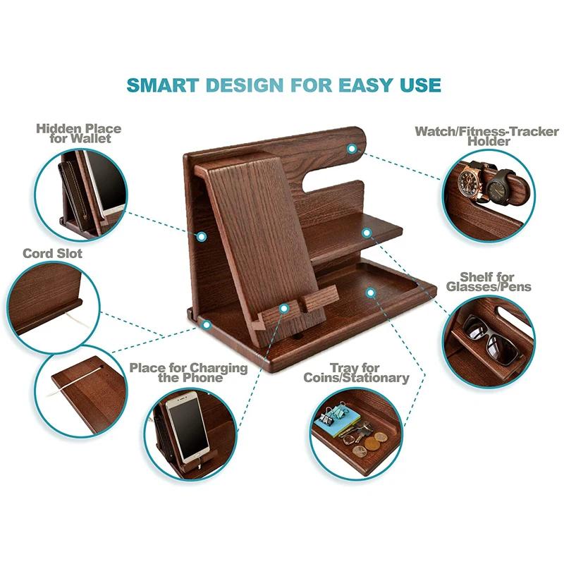 Nový stojan na mobilní telefon z černého ořechového dřeva, nastavitelný, otočný stolní stojan, multifunkční dřevěný organizér na hodinky na noční stolek, dárek