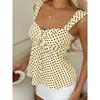 American Retro Polka Dot Camisole Women Drawstring Waist Peplum Low Neck Top